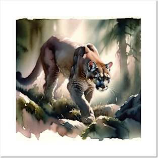 Mountain Majesty: Stealthy Mountain Lion Watercolor Posters and Art